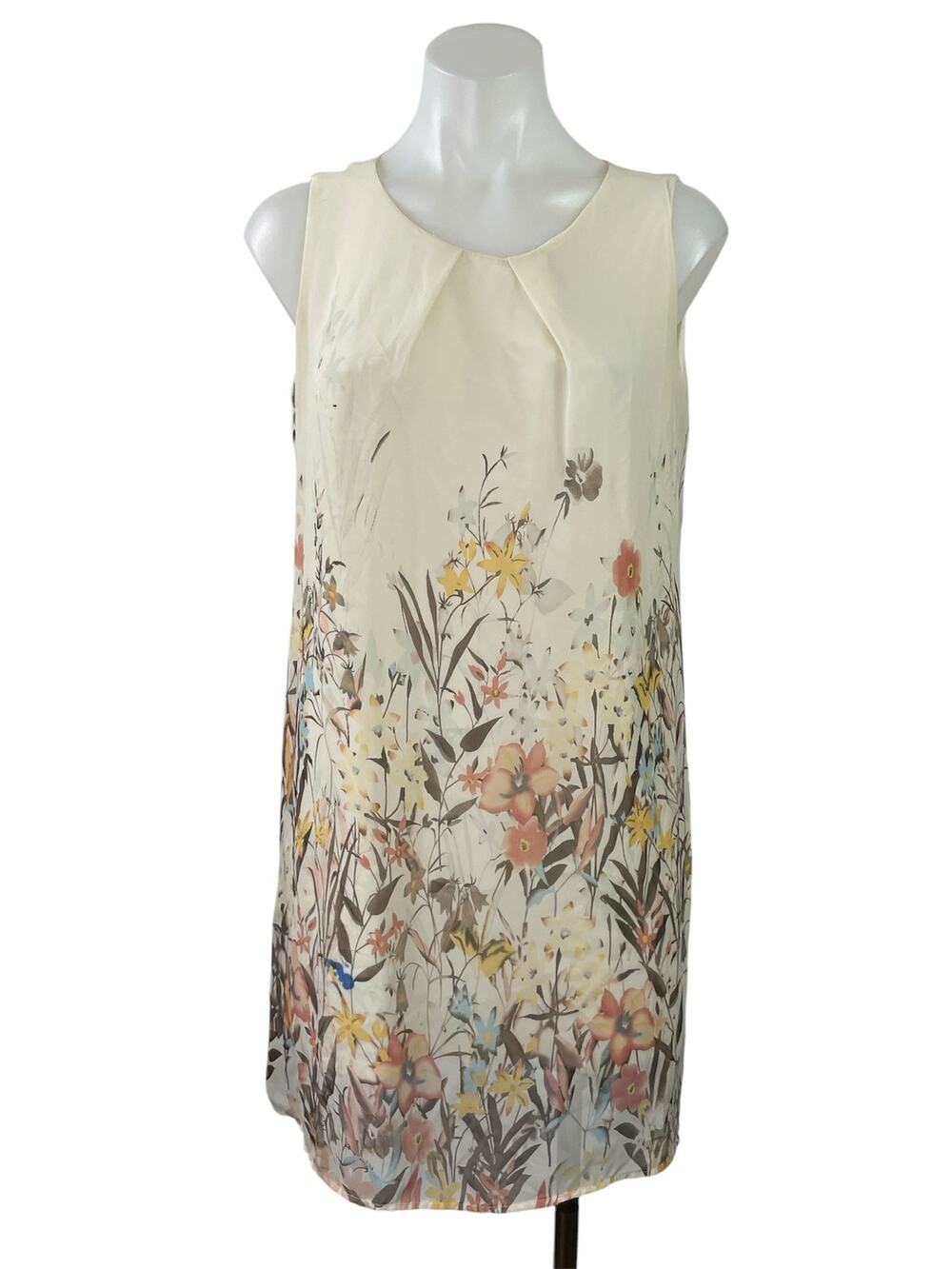 MAX Women's Beige Sleeveless Floral Pleated Crew Neck Mini Shift Dress Size 10